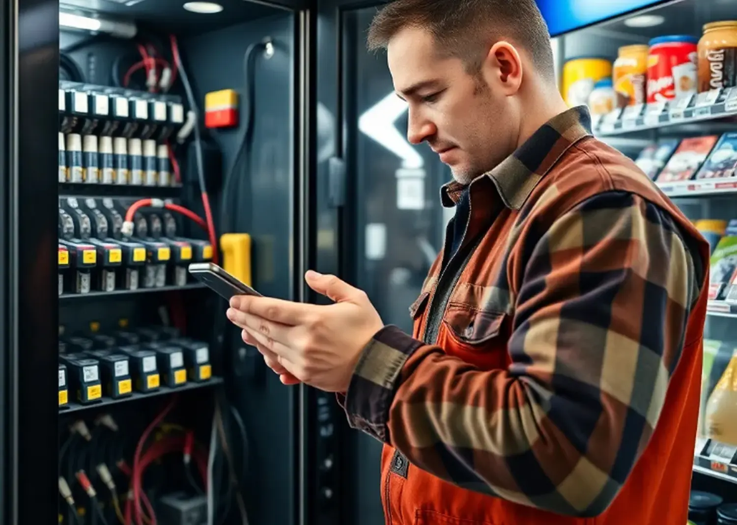 Celero Cloud GmbH – Arbeiter in Uniform analysiert Daten mit einem schweren System im Hintergrund